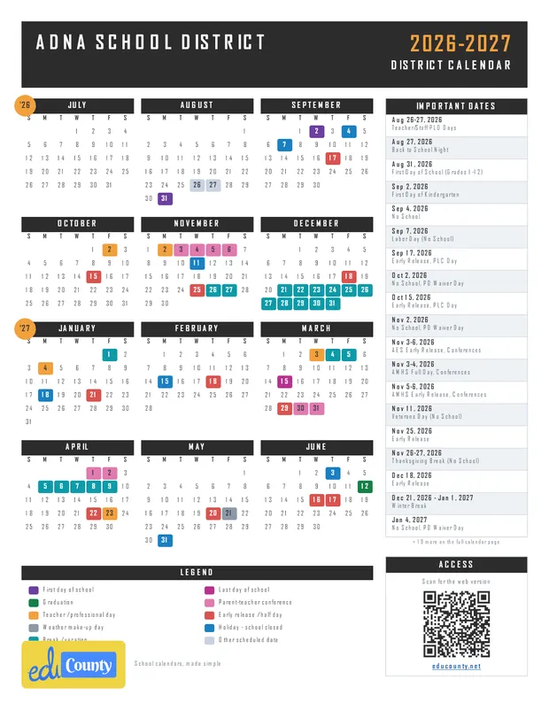 Adna School District printable 2026-27 calendar