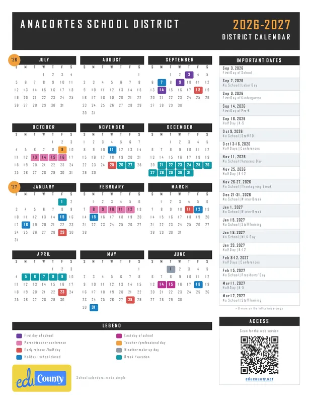 Anacortes School District printable 2026-27 calendar