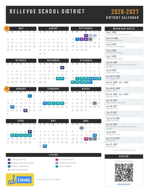 Bellevue School District printable 2026-27 calendar