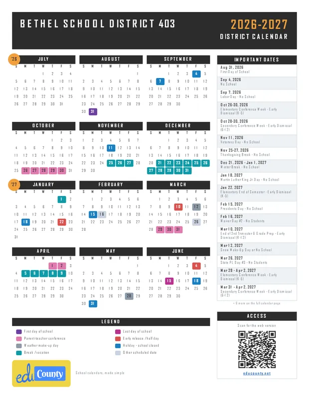Bethel School District 403 printable 2026-27 calendar