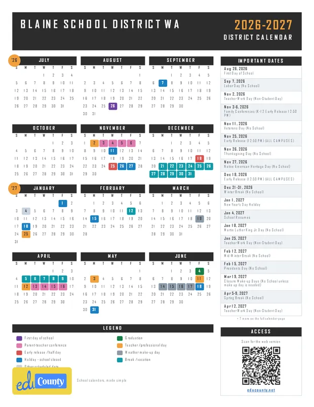 Blaine School District printable 2026-27 calendar