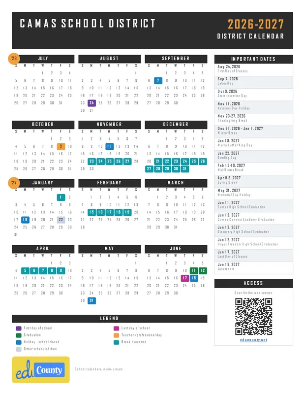 Camas School District printable 2026-27 calendar
