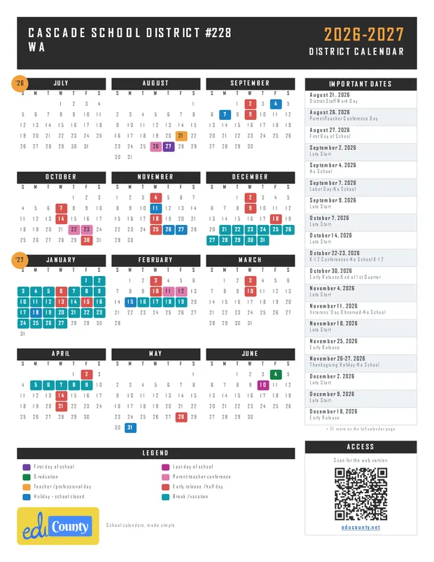 CASCADE SCHOOL DISTRICT #228 printable 2026-27 calendar