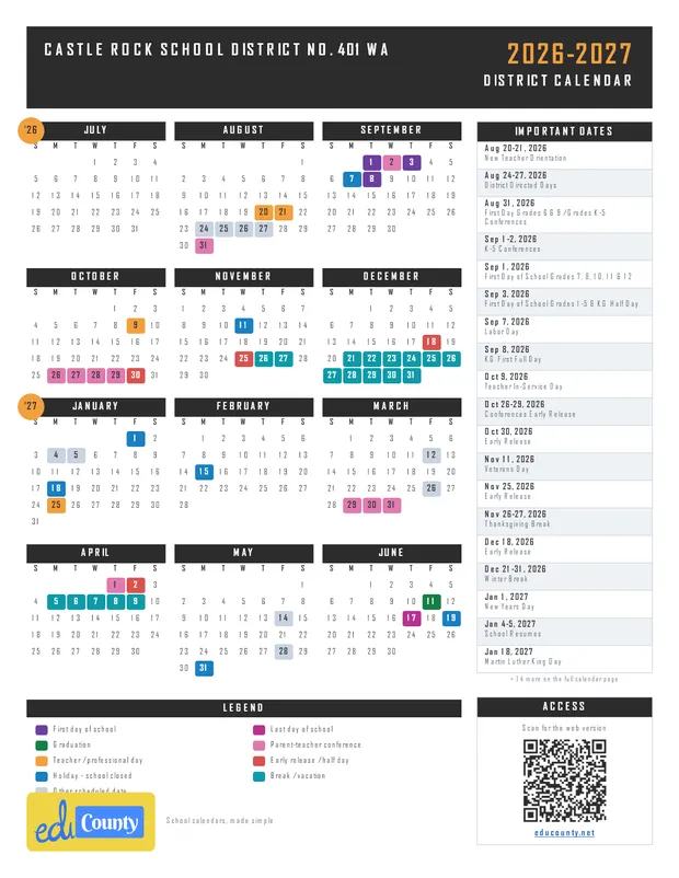 Castle Rock School District No. 401 printable 2026-27 calendar