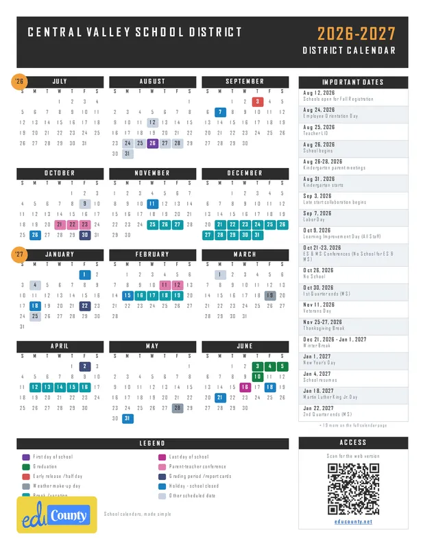 Central Valley School District printable 2026-27 calendar