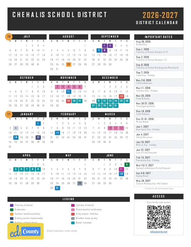 Chehalis School District printable 2026-27 calendar