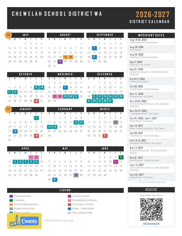 Chewelah School District printable 2026-27 calendar