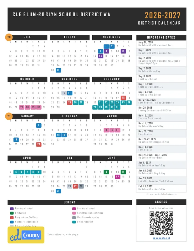 Cle Elum-Roslyn School District printable 2026-27 calendar
