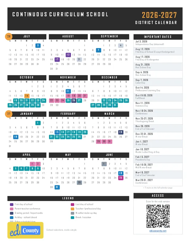 Continuous Curriculum School printable 2026-27 calendar