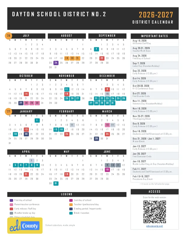 Dayton School District No. 2 printable 2026-27 calendar