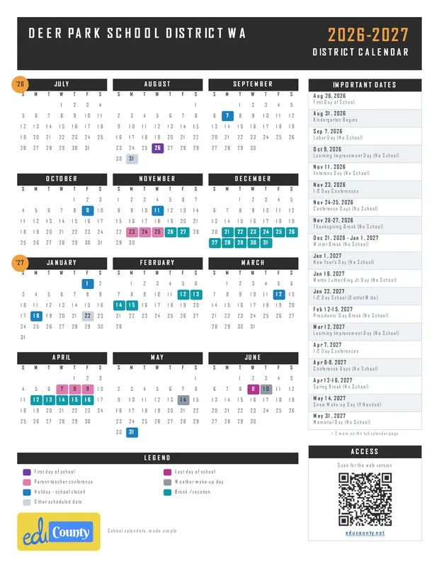 Deer Park School District printable 2026-27 calendar