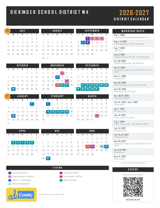 Dieringer School District printable 2026-27 calendar