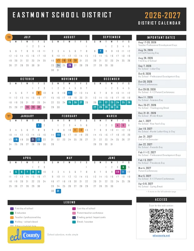 Eastmont School District printable 2026-27 calendar
