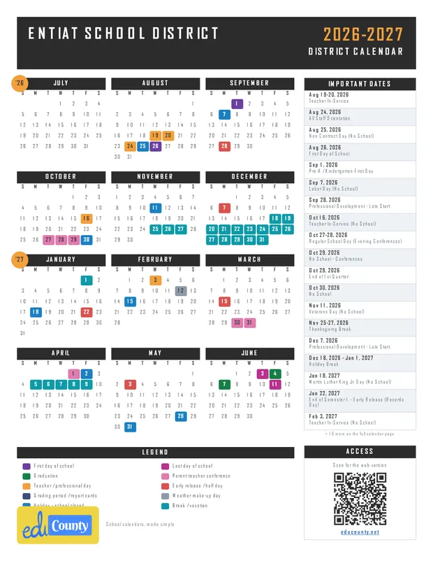 Entiat School District printable 2026-27 calendar