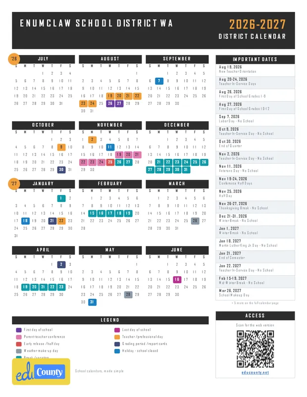 Enumclaw School District printable 2026-27 calendar
