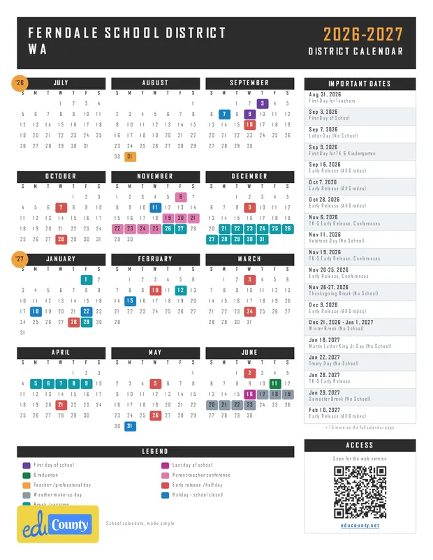 Ferndale School District printable 2026-27 calendar
