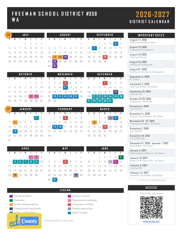FREEMAN SCHOOL DISTRICT #358 printable 2026-27 calendar