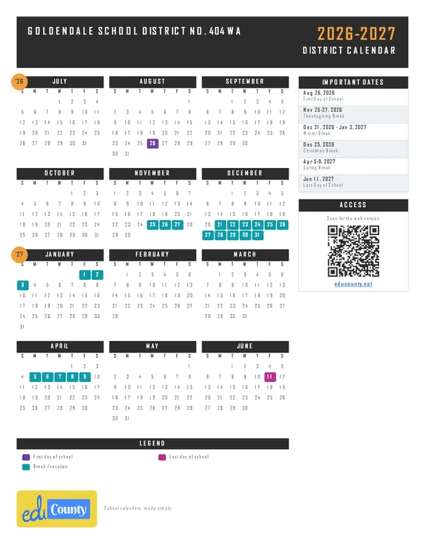 Goldendale School District No. 404 printable 2026-27 calendar