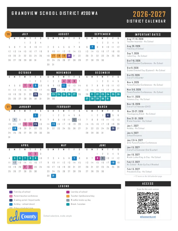 Grandview School District #200 printable 2026-27 calendar