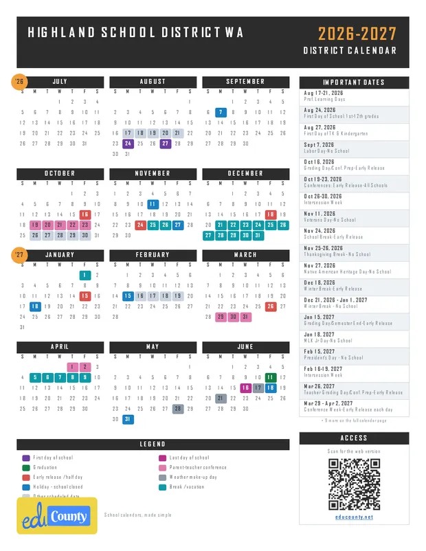 HIGHLAND SCHOOL DISTRICT printable 2026-27 calendar