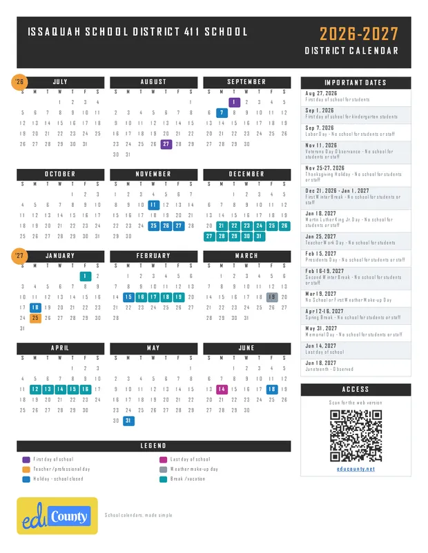 Issaquah School District 411 School printable 2026-27 calendar
