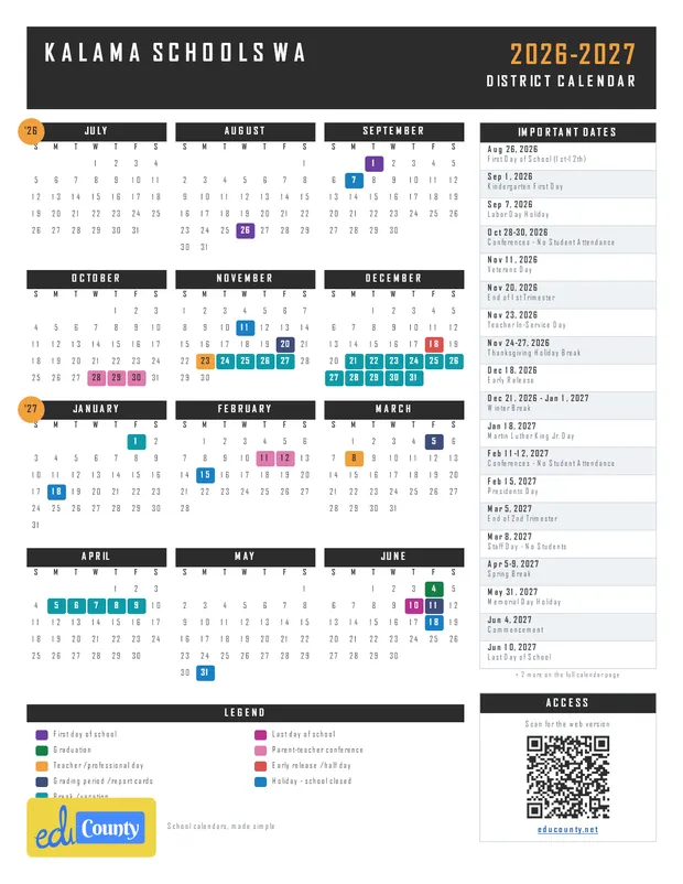 KALAMA SCHOOLS printable 2026-27 calendar