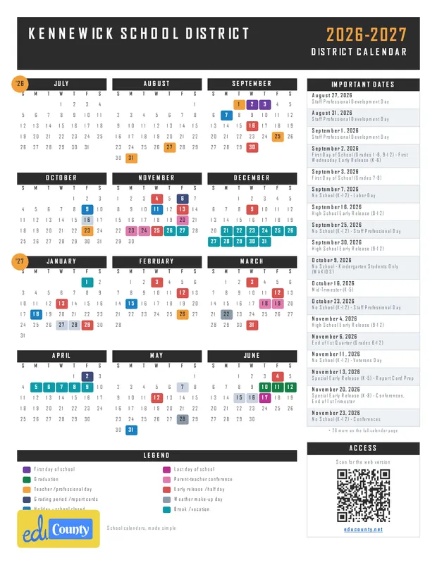 Kennewick School District printable 2026-27 calendar