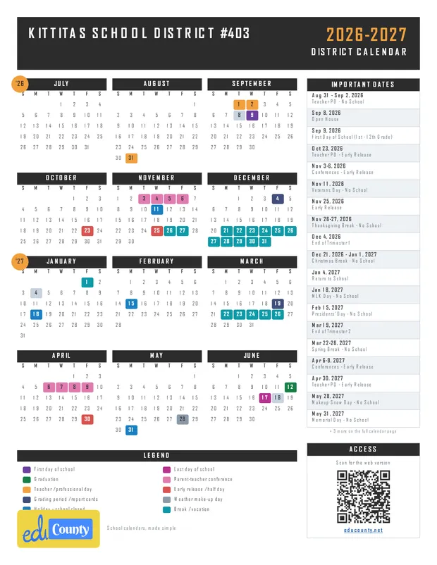Kittitas School District #403 printable 2026-27 calendar