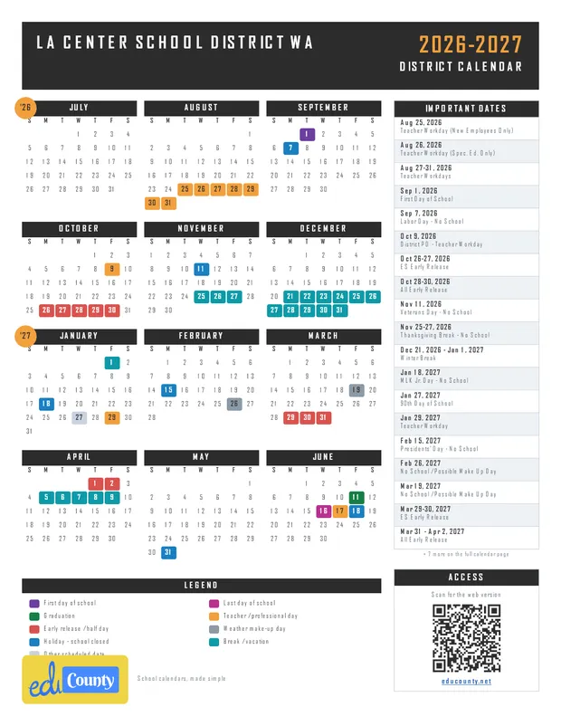 La Center School District printable 2026-27 calendar