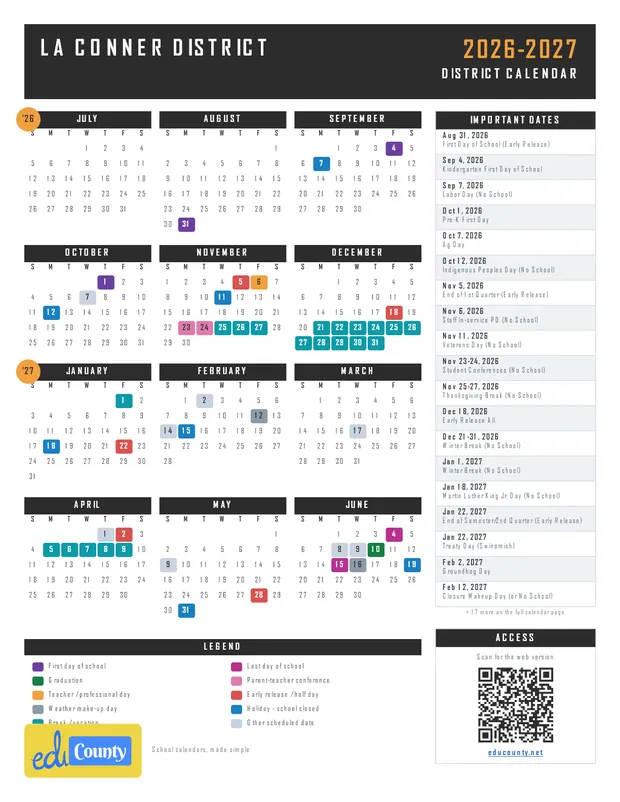 La Conner District printable 2026-27 calendar