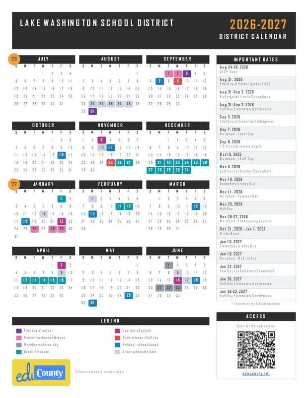 Lake Washington School District LWSD printable 2026-27 calendar
