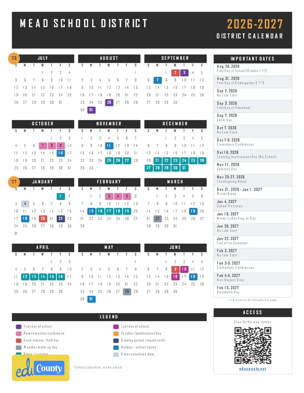 Mead School District printable 2026-27 calendar