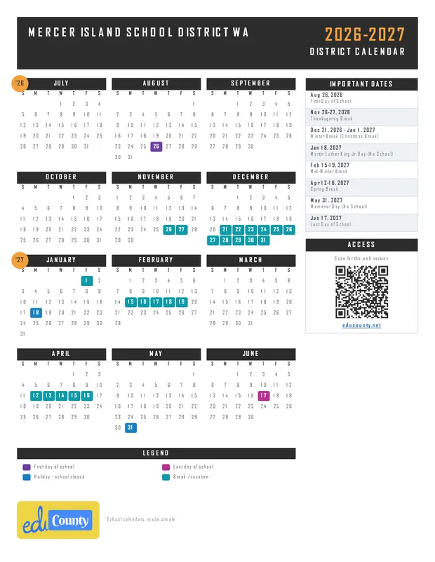 Mercer Island School District printable 2026-27 calendar