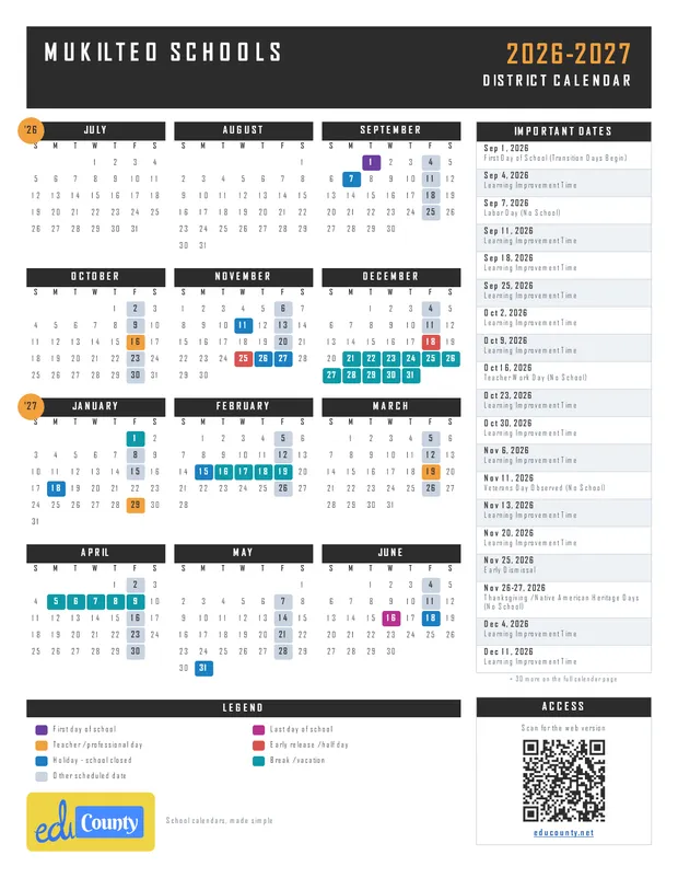 Mukilteo Schools printable 2026-27 calendar
