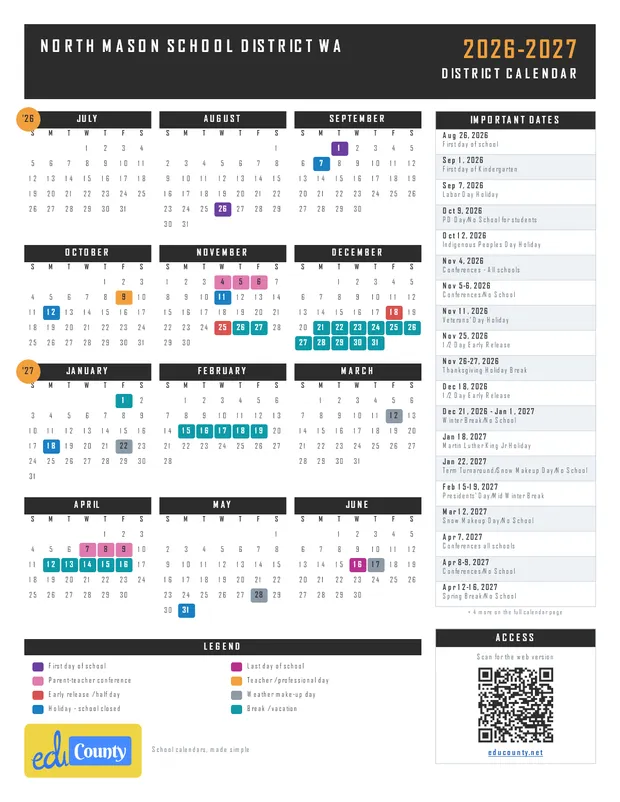 NORTH MASON SCHOOL DISTRICT printable 2026-27 calendar