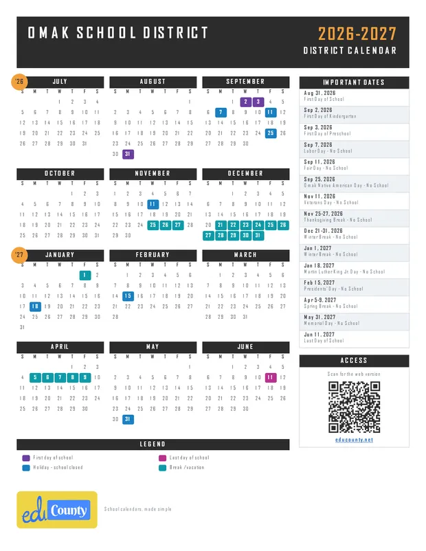 Omak School District printable 2026-27 calendar