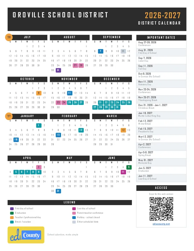 Oroville School District printable 2026-27 calendar