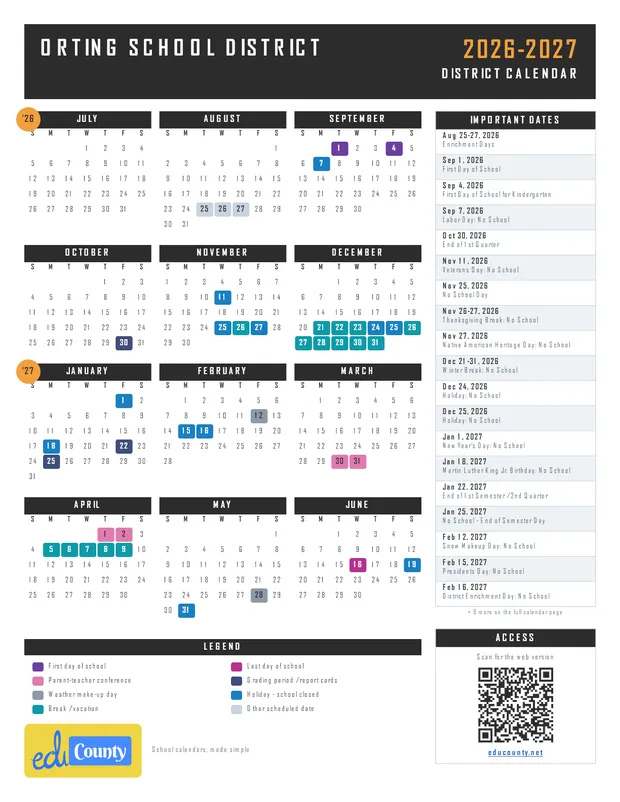 Orting School District printable 2026-27 calendar