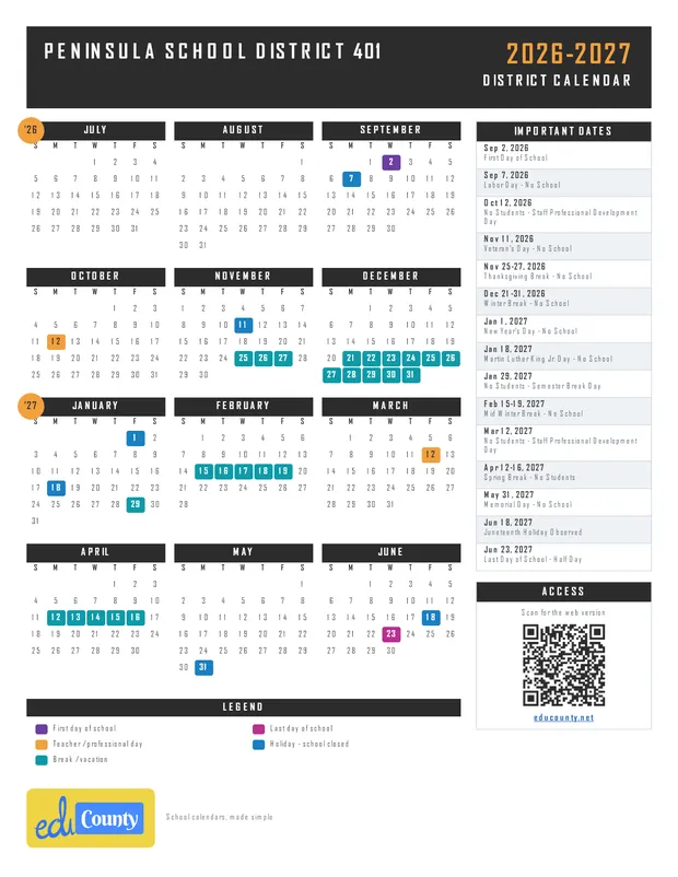 Peninsula School District 401 printable 2026-27 calendar