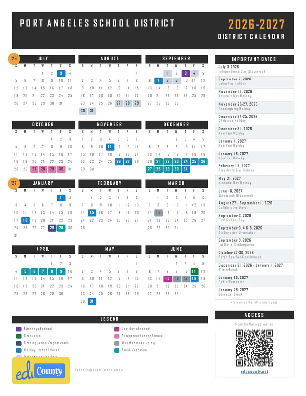 Port Angeles School District printable 2026-27 calendar