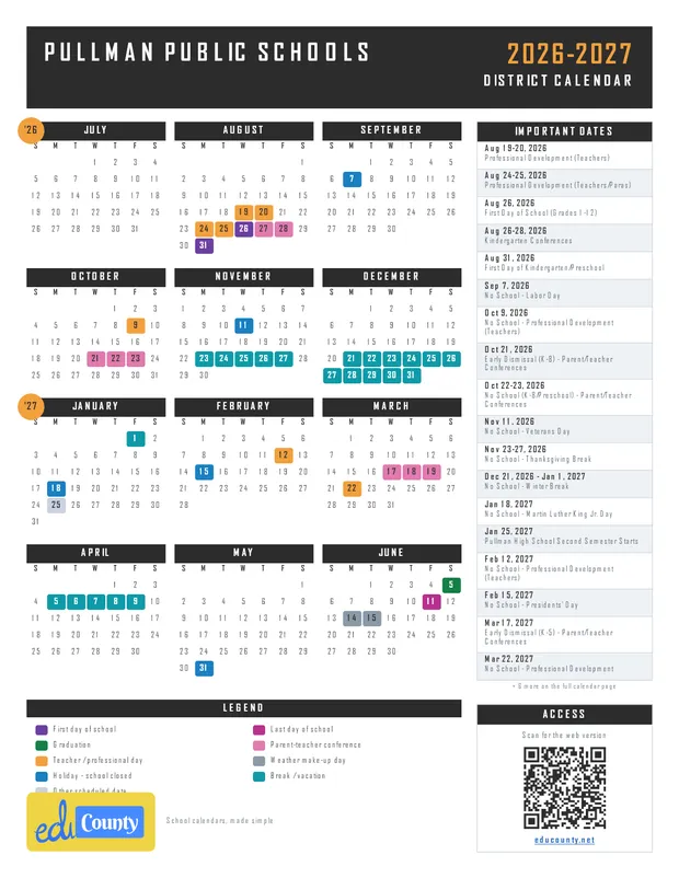 Pullman Public Schools printable 2026-27 calendar