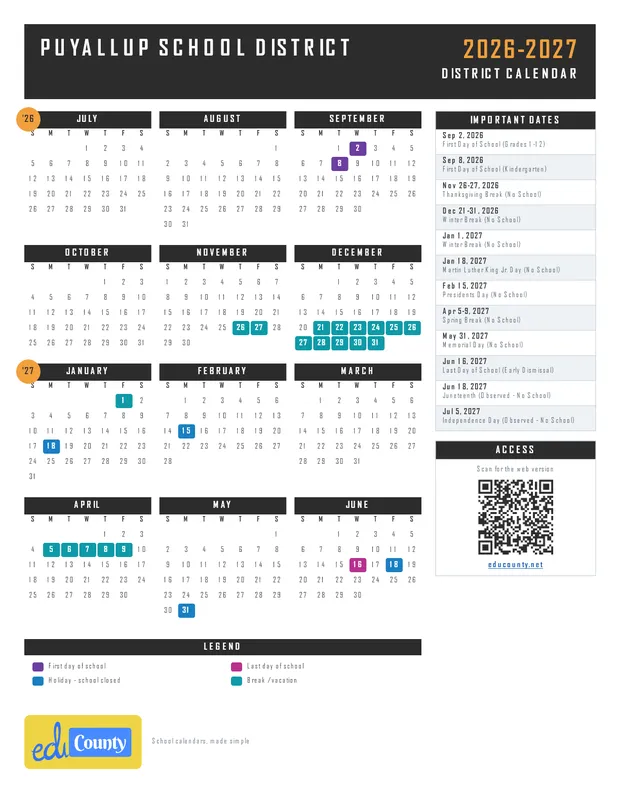 Puyallup School District printable 2026-27 calendar