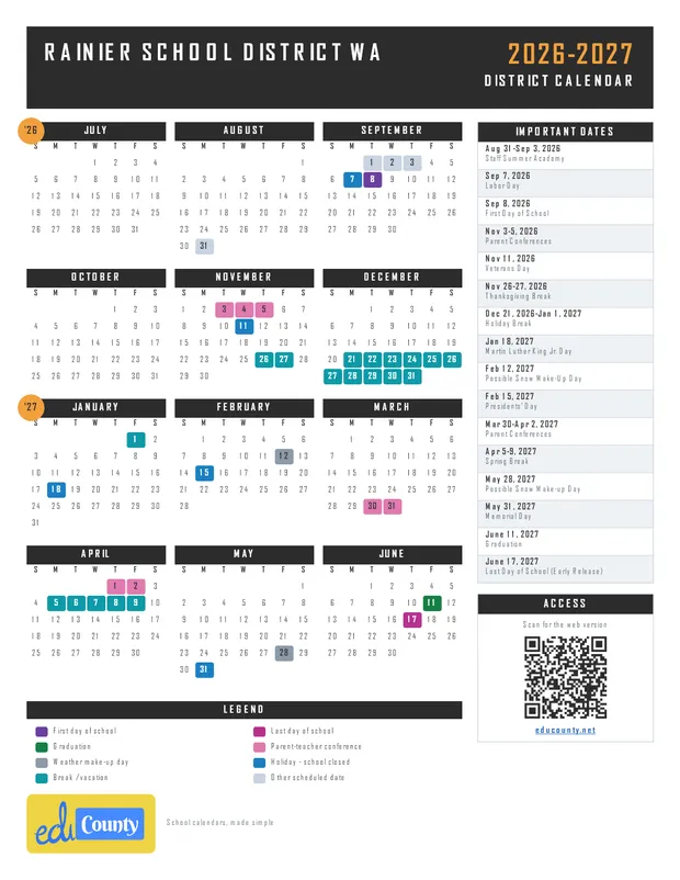 RAINIER SCHOOL DISTRICT printable 2026-27 calendar