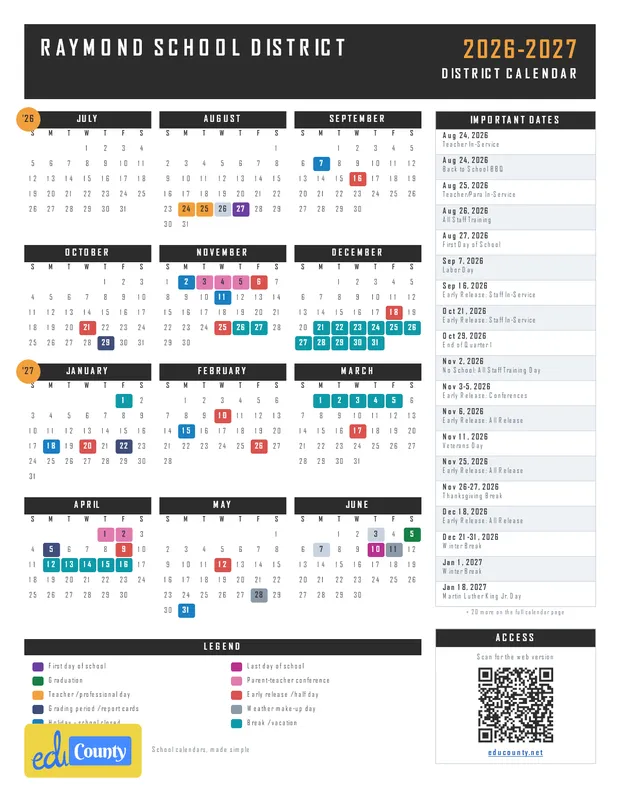 Raymond School District printable 2026-27 calendar