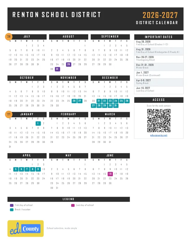 Renton School District printable 2026-27 calendar