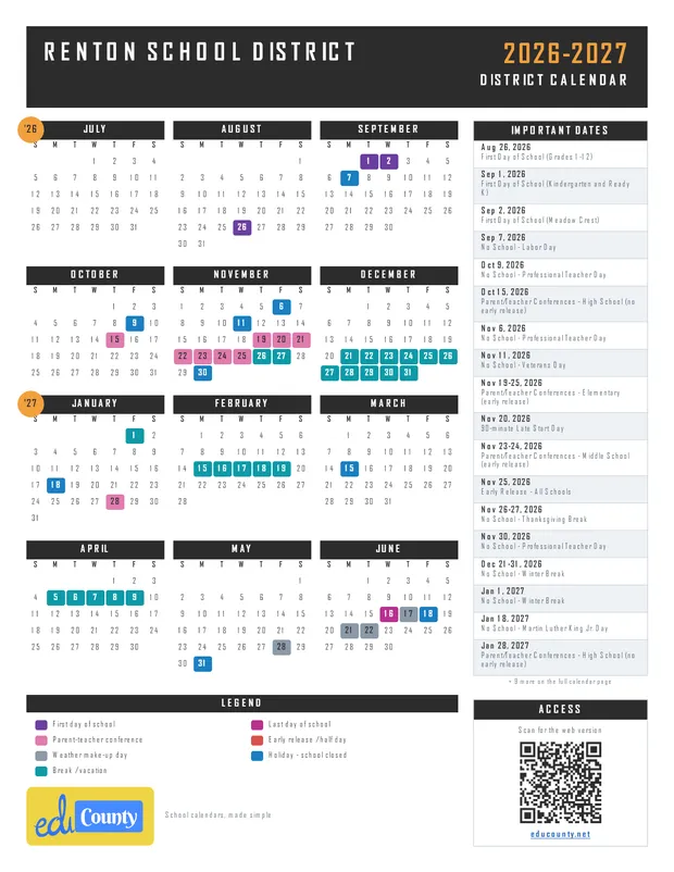 Renton School District printable 2026-27 calendar