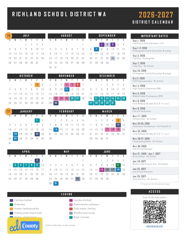 Richland School District printable 2026-27 calendar