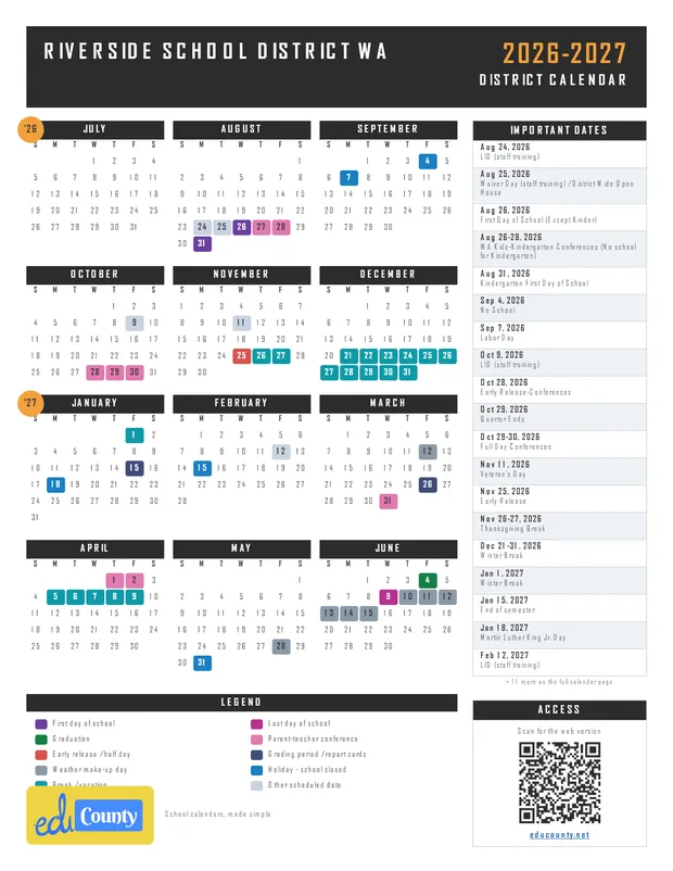Riverside School District printable 2026-27 calendar