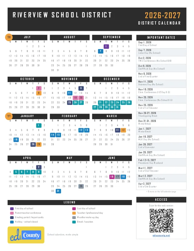 Riverview School District printable 2026-27 calendar