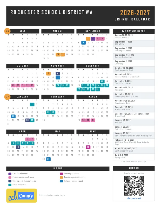 Rochester School District printable 2026-27 calendar